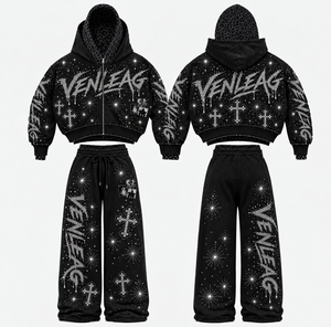 VENLEAG Men's Clothing OEM/ODM Custom <strong>Hoodie</strong> 430 Grams Black Rhinestone Sweatshirt 100% Cotton Hoodies Streetwear - Product Image 2