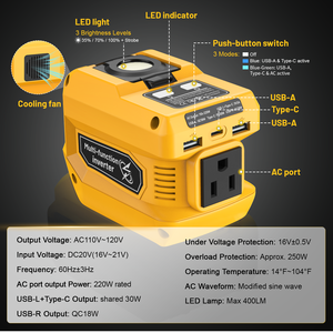 2 gói 220 Wát điện cầm tay Inverter cho <span class=keywords><strong>Dewalt</strong></span> 18V/<span class=keywords><strong>20V</strong></span> pin chuyển đổi DC 18V để AC 110V với AC Outlet kép USB-A - Product Image 2