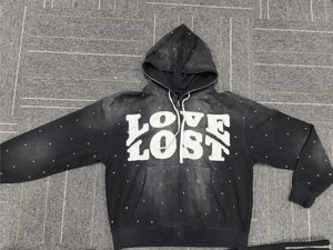 Sudadera con capucha con cremallera cuadrada de gran tamaño y Terry francés desgastado para hombre, chándal de invierno, parche bordado de diamantes de imitación - Product Image 4