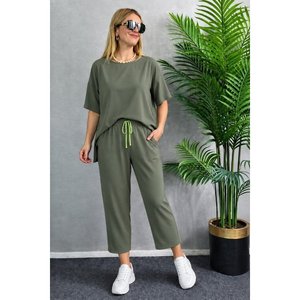 Conjunto de Dos Piezas para Mujer, Blusa de Manga Corta con Cuello Redondo de Viscosa de Dos Hilos y Pantalones, 37759 - Caqui - Product Image 2