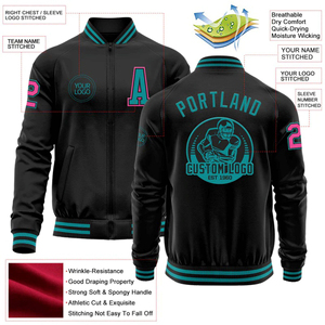 Veste universitaire noire broderie personnalisée unisexe corps en laine avec manches en simili cuir bordure turquoise et rose design personnalisé - Product Image 2