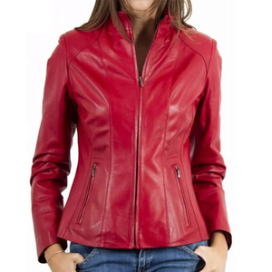 <b>Women's</b> Red PU Leather Motorcycle <b>Jacket</b> Full Sleeve Stand Collar Zipper Closure Solid Color Autumn Wear - Product Image 6