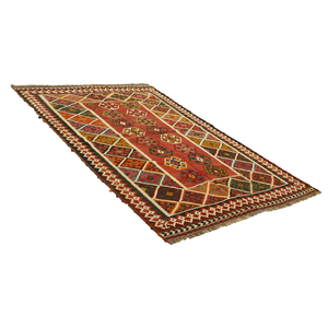 Alfombra Kilim roja vintage de primera calidad, material de algodón con motivos geométricos y florales, precio económico - Product Image 2