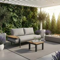 Ensemble de canapé d'extérieur moderne et minimaliste en bois d'acacia gris avec coussins en mousse, table d'appoint en bois, mobilier de patio élégant pour la maison et le jardin