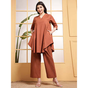 Conjunto de 2 Piezas Deebaco para Mujer, Túnica Holgada de Algodón Sólido y Pantalones Anchos, Cuello en V, Manga 3/4, Estilo Casual, Largo hasta el Tobillo - Product Image 1