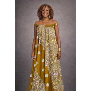 Abito Kaftano F8G Maxi Gold con Stampa Floreale, Vita Impero, Scollo all'Americana, Elastico in Vita, Lavorazione all'Uncinetto, ODM XL per la Primavera - Product Image 1