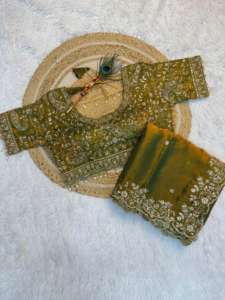 Sari de Seda Espacial Pura Premium con Bordado de Diseño Mango y Lentejuelas Zari, Ropa India para Mujer en Existencia - Product Image 6