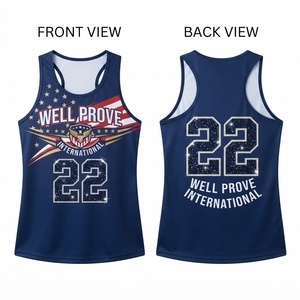 Maillot de basketball pour homme personnalisé imprimé par sublimation, sans manches, bretelles réglables, séchage rapide, 180 GSM, maille polyester, bleu marine et rouge, entièrement personnalisable - Product Image 2