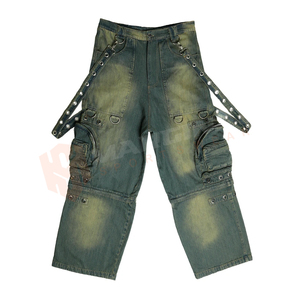 Pantalon en denim délavé vintage à bretelles personnalisées avec œillets anneaux en D pour hommes pantalon baggy à la mode délavé à l'acide - Product Image 1