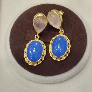 Plata de Ley 925, piedra preciosa con forma de lágrima ovalada Natural, excelente calidad, Cuarzo Rosa, zafiro azul, diseño hecho a mano, chapado en oro - Product Image 4