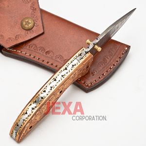 Couteau de poche tactique pliable en acier Damas avec manche en laiton, garantie de 3 ans - Camping, multifonction, utilitaire - Product Image 3