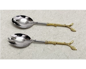 Ensemble de serveurs à salade en acier inoxydable avec poignée en laiton Design unique de feuille de branche Outils de cuisine Mains à salade pour la maison Hôtel Vaisselle Décor - Product Image 5