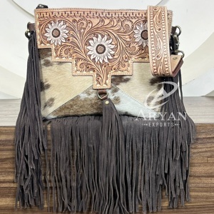High Quality Women's Handbags Designer Hand <b>Tooled</b> Cowhide <b>Leather</b> Fringe Crossbody Bag Luxury Messenger Shoulder Zipper Handbag - Product Image 1
