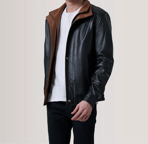 Veste en cuir pour homme, design à double boutonnage, logo sur le devant, imperméable, coupe-vent, respirante, lavée, hiver, solide, élégante - Product Image 4