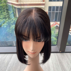 Lace Front <b>Long</b> <b>Wig</b> Natural Black Virgin Remy Hair with Bangs for Lace Transparent Cap 250% Density Average Size - Product Image 5