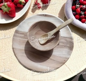 Cuencos de madera hechos a mano personalizados con cucharas de madera y bandeja redonda de bambú natural, juego de cuencos y cucharas para comedor, cocina - Product Image 4
