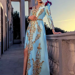 DAZZLING-EMBROIDERY on STYLISH <b>LIGHT</b>-BLUE-Caftan DRESS with EMBELLISHED CRYSTAL GLASS BEADS,STONE,DABKA WORK for PARTY-WEAR=2024 - Product Image 1