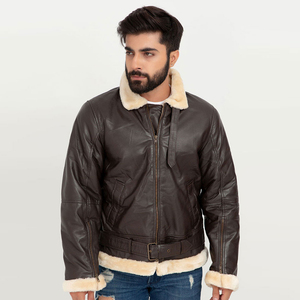 Veste en cuir véritable pour homme, modèle aviateur, pilote, bombardier, marron, avec col en fourrure, 2025 - Product Image 5