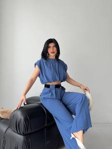 Ensemble pantalon deux pièces personnalisable pour femme, col halter, sans manches, longueur genou, en polyester, fabriqué en Turquie - Product Image 3