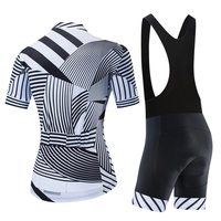 Ensemble de maillot de cyclisme personnalisé pour femmes, respirant, imprimé géométrique noir et blanc, manches courtes avec short à bretelles rembourré, design personnalisé