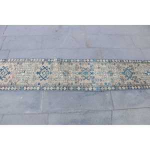 Alfombra Turca Vintage de 1.6x9.2 pies, Alfombra de Lana Ikat Azul - Product Image 4