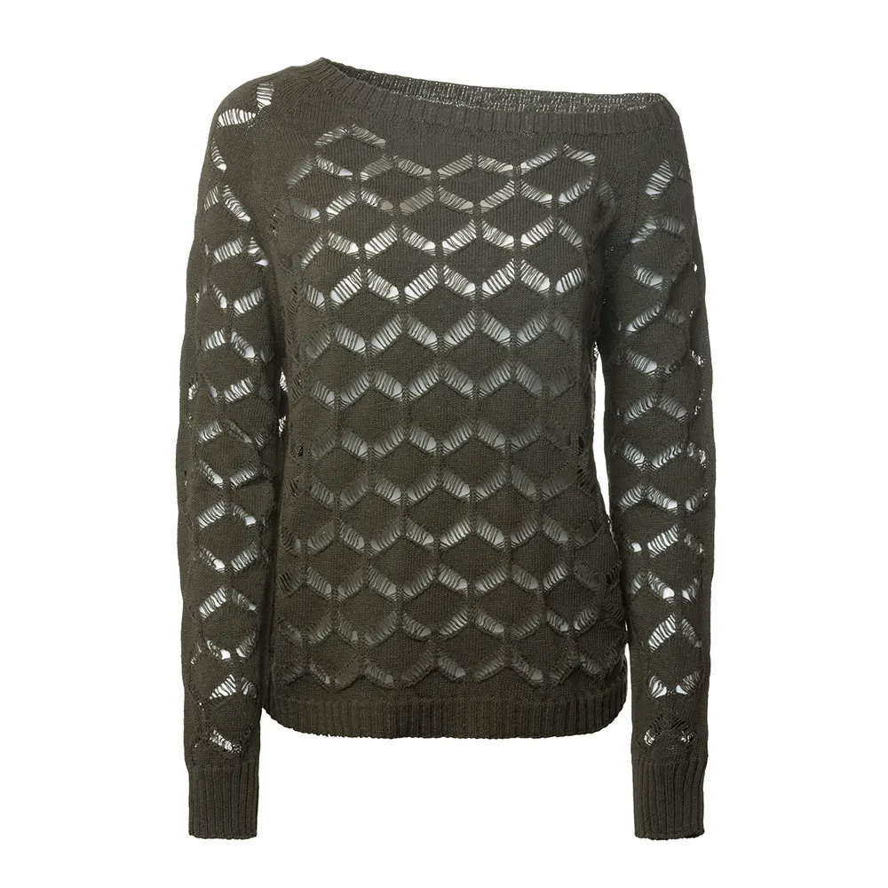 High Quality Made in Italy Seamless Spring Summer Woman Asymmetrical Boat Neck Perforated Sweater for department stores
