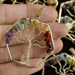 Hecho a mano Seven Chakra Tree Life Cabochon colgante hexágono plateado alambre envuelto curación cristal piedra preciosa boda clásica - Product Image 1