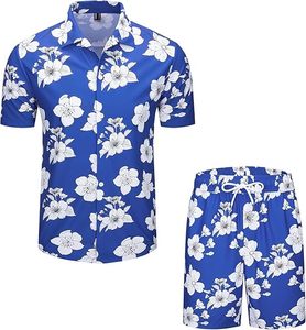 Conjunto de 2 Piezas de Traje de Playa con Estampado Hawaiano de Verano Informal para Hombre y Pantalones Cortos de Cintura Media, Camisa de Manga Corta Transpirable y Conjunto de Pantalones Cortos - Product Image 1