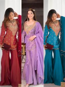 Ensemble de costume ethnique Sharara en soie Salwar Kameez traditionnel indien avec Dupatta prêt à porter Collection de fête de mariage au meilleur prix - Product Image 6