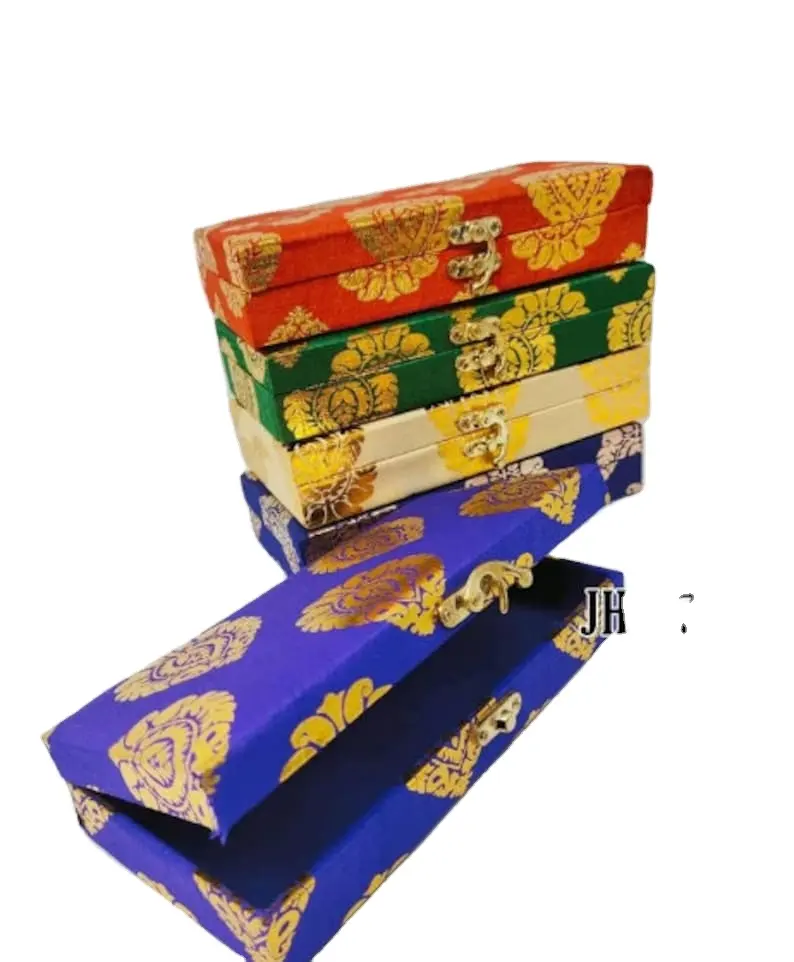 전통적인 인쇄 직물과 잠금 직사각형 팔찌 상자가있는 인도 나무 상자의 대량, 결혼식 호의를 위한 돈 상자