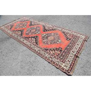 พรมตุรกีโบราณแบบคลาสสิกขนาด5x11ฟุตผ้าวูลดีไซน์เย็บปะสีแดงและสีดำมีแผ่นยางรองแบนสำหรับห้องนั่งเล่นหรือโถงทางเดิน - Product Image 2