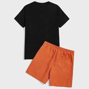 100% Polyester Cotton Slim Fit Short Sleeves Crew Neck Black T Shirts and Orange Shorts <b>Twinset</b> T-Shirts and Shorts Set - Product Image 2