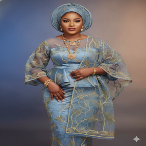 Tela Nigeriana George de Alta Calidad, 100% Poliéster, Color Azul Cielo, con Bordado Dorado, para Blusas Tradicionales Nigerianas, Novias y Niñas - Product Image 4