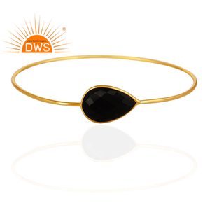 Natural Black Onyx Bangle Wholesale Girls Fashion 18k Yellow Gold Plated Silver 925 Bangle Jewelry Classic Collection - Product Image 4
