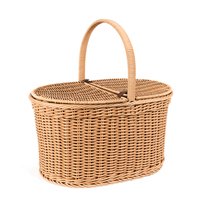 Panier de pique-nique en rotin tressé à la main pour l'extérieur, couvercle à double ouverture, poignée renforcée en fer, rectangulaire moderne, 50x40x30cm, plastique PP, 4-5L