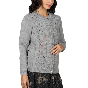 ¡Cárdigan clásico de punto trenzado con botones! Suéteres de punto calado gris estilo vintage para mujer, cuello redondo, esenciales para el invierno, cálidos - Product Image 5