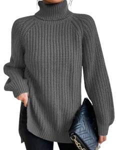 Pull en tricot à col roulé gris personnalisé pour femmes, hiver, chaud, doux, côtelé, manches longues, décontracté, ample, haut tendance - Product Image 1