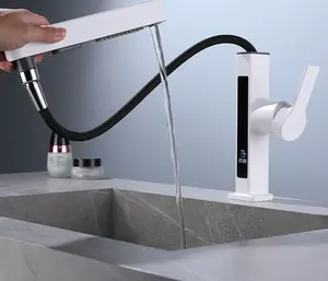 2023 Hottest Digital Display Waterfall Taps Sink Faucet 360 Degree White Basin Faucets Hot And Cold Water Mixer