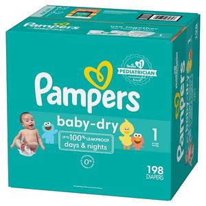 Pañales Pampers Baby-Dry con hasta 12 horas de protección contra la humedad, talla 1, 198 unidades, hasta 100% a prueba de fugas, tipo calzón, a precio económico. - Product Image 1