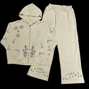 Personnalisé Strass Zip up Baggy Hoodies et pantalons de survêtement Jogger Deux pièces Dtg Imprimer Sweat Suit Vintage Acid Wash Hommes Survêtements - Product Image 1