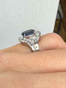 Bague de cocktail en or massif 14 carats avec saphir bleu naturel taille ovale et diamants taille baguette et taille rond sertis en canal, bague de mariage OEM - Product Image 5