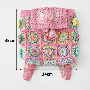 Mochila de Ganchillo Hecha a Mano con Flores, Bolso de Hombro de Ganchillo a Cuadros con Forro de Lona Blanca, Accesorio de Moda - Product Image 4