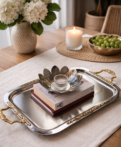 Luxury serving <b>tray</b> Rectangular metaltray Vintage serving <b>tray</b> Ornate metal <b>tray</b> Silver and gold <b>tray</b> <b>Decorative</b> serving platter - Product Image 1