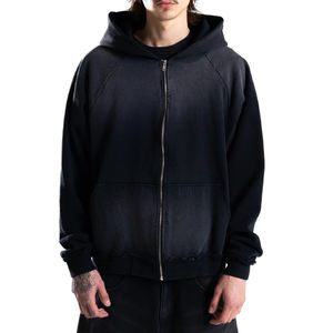 Sudadera con capucha térmica de lana de algodón grueso 100% de alta calidad, ropa de calle personalizada con corte raglán y cremallera, sudaderas con capucha desteñidas al sol - Product Image 1