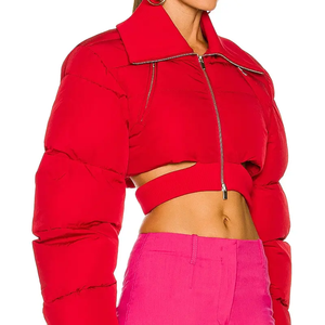 Chaqueta Corta Acolchada Roja de Moda para Mujer, Diseño Recortado de Manga Larga, Puños Acanalados, Bolsillo con Cremallera, Ropa Exterior Informal - Product Image 3