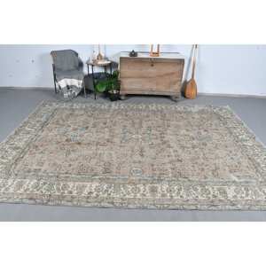 Alfombra Tradicional de Lana con Diseño de Parches en Beige y Azul, Ecológica, de Pelo Medio, 7.1 x 10.3 pies, Tejido Turco, para Comedor, con Base de Látex - Product Image 1