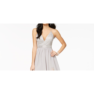 Abito da sera Emerald Sundae Junior in chiffon grigio con corpetto in pizzo decorato, taglia XL, stile semplice per feste, linea ad A, modello impero - Product Image 2