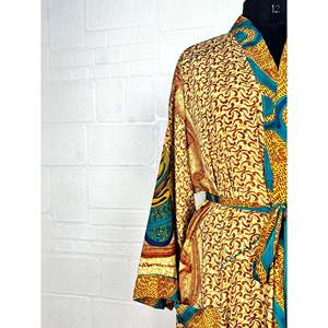 Recycled Vintage Silk Sari Robe Boho House <b>Kimono</b> Dressing Gown Paisley Print <b>Beach</b> Coverup-Anniversary Gift for Bridesmaids - Product Image 3