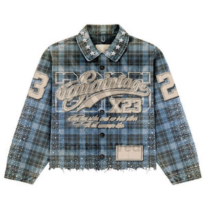 T-shirt à manches longues en coton vintage lavé de haute qualité, style streetwear personnalisé, chemise en flanelle à carreaux avec strass pour hommes - Product Image 3