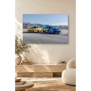 Impression sur toile Fida : Duo de Camaro jaune et bleu sur piste montagneuse - Product Image 5